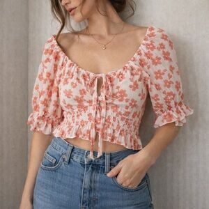 Kendall‎ + Kylie NWT Coral Floral Crop Top Small Summer Ruffle Cut Out Tie Front